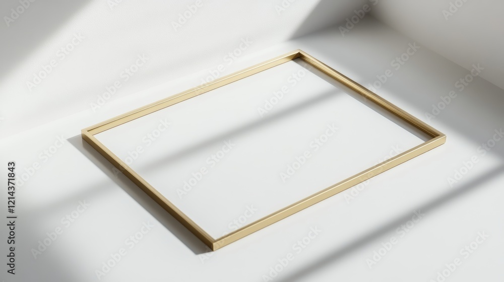 Poster elegant golden frame casting shadows on a white surface, creating an artistic and minimalist composi