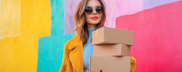 Collage photo of young attractive fashionista shopaholic swag woman hold stack packages from boutique black friday isolated on painted background