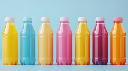 Colorful plastic bottles with water and juice standing in a row