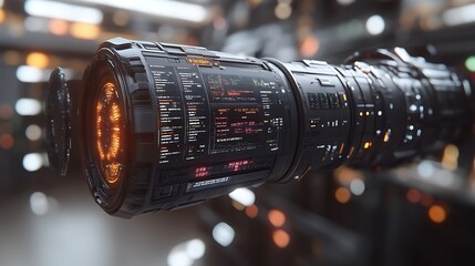 Futuristic tech device with glowing interface.