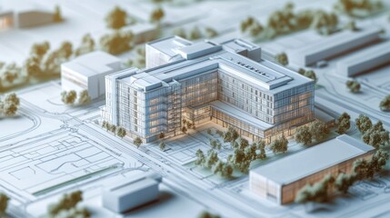Architectural model of a modern hospital building on blueprints.