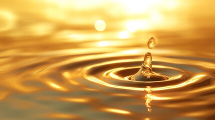 Golden Water Drop with Ripples at Sunset