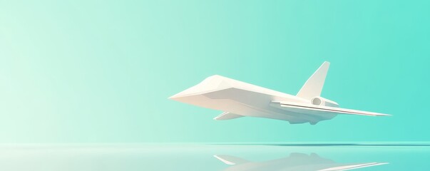 Naklejka premium Minimalist rendering of a white abstract supersonic airplane flying over a turquoise background, with copy space