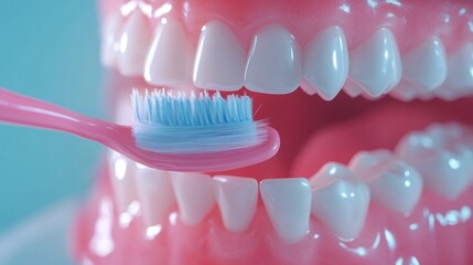 Obraz premium Close-up of pink toothbrush brushing model teeth.