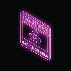 Glowing neon sign showing a caution radiation area symbol on a black brick wall