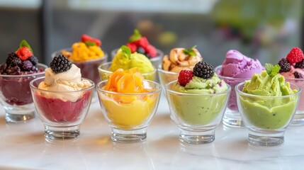 Row of small cups filled with various types of colorful desserts arranged on a table