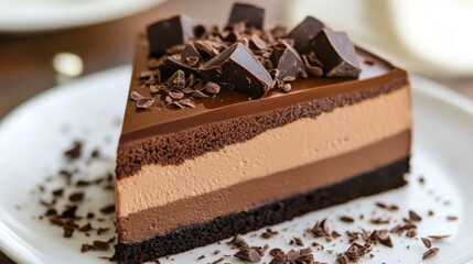 Obraz premium Chocolate cake slice on a white plate with fork and decorative elements on a wooden table