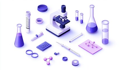Exploring the world of science through microscope and laboratory equipment in vibrant purple hues. Generative AI