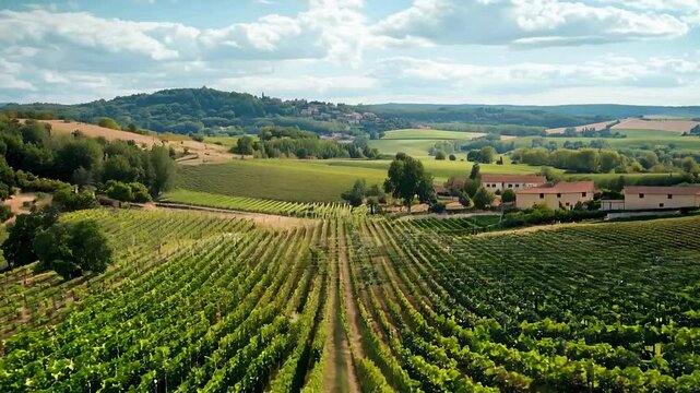 A sleek high-speed train travels swiftly through picturesque vineyards under a clear blue sky, surrounded by rolling hills and vibrant green fields, capturing the essence of rural beauty.