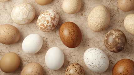 Diverse Collection of Speckled and Solid Colored Eggs on Beige Background