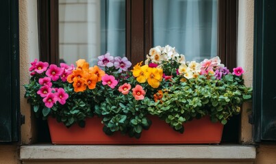 Colorful flowers adorn a window sill in a peaceful urban setting during the daytime