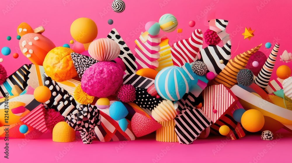 Poster abstract d shapes and vibrant colors forming a dynamic pattern on a gradient background.