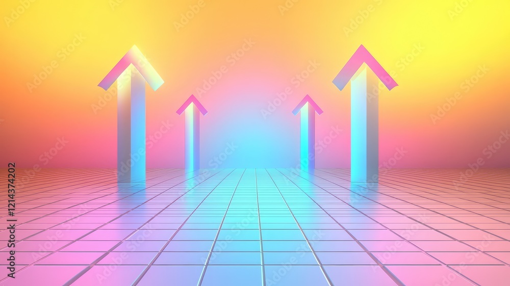 Poster abstract digital grid with upward-pointing arrows glowing on a gradient background.