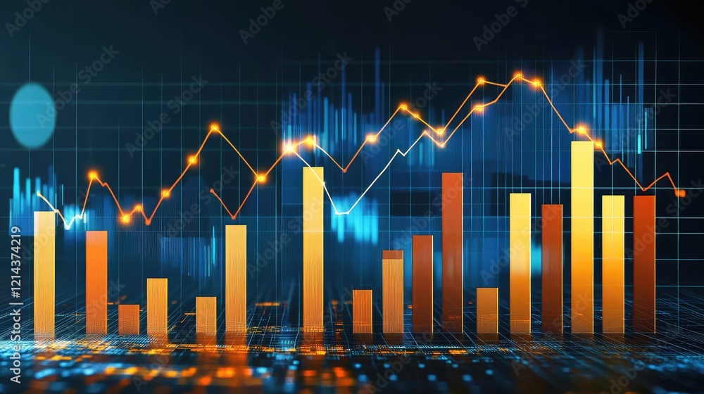 Poster abstract digital graphs glowing brightly on a black background, symbolizing data-driven investment.