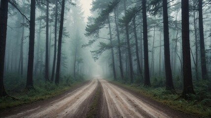 Obraz premium misty forest path stretches through tall pine trees, shrouded in mystery and tranquility, inviting wanderers to explore its serene and ethereal beauty