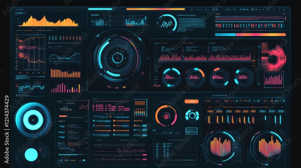 Poster abstract digital interface with holographic financial graphs and charts on a dark background with co
