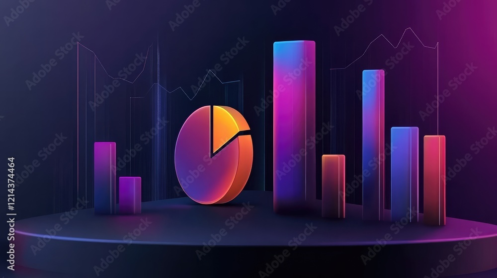 Poster abstract futuristic background with glowing pie charts and bar graphs on a dark gradient surface.