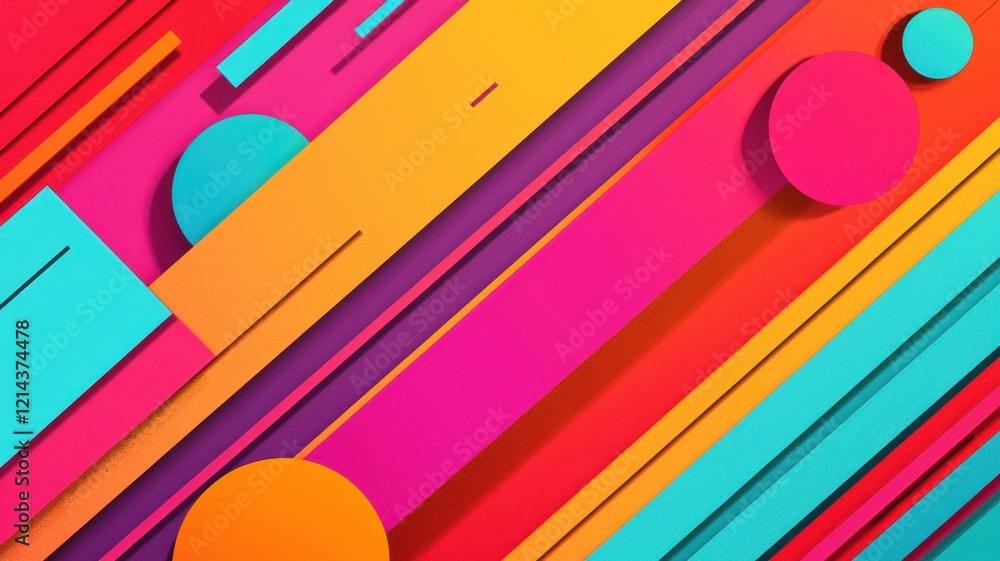 Poster vibrant abstract geometric background diagonal lines circles and shapes in bold colors