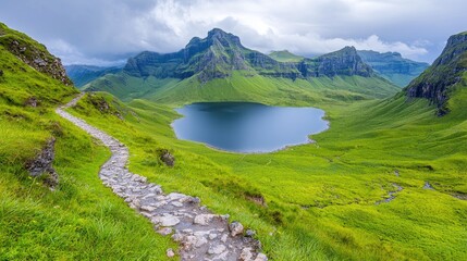 Hiking trail overlooking serene mountain lake