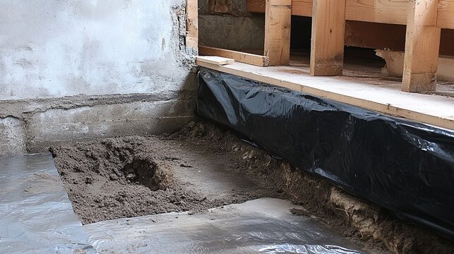 The vapor barrier is p next to an opening in the crawl space where damp earth is visible underscoring its importance in creating a protective barrier against moisture intrusion