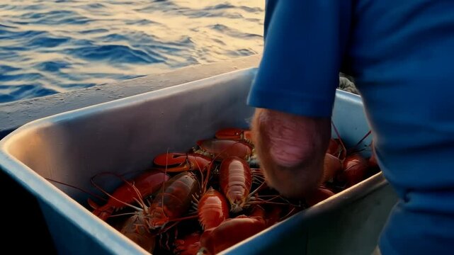 Harvesting lobsters at sea: fisherman sorting fresh catch in ocean setting