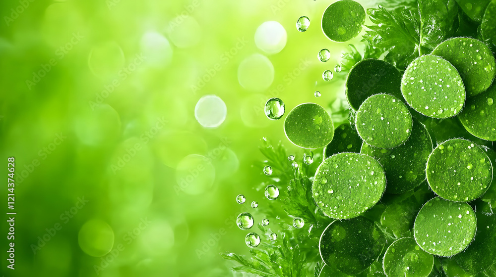 Poster lush green background with dewdrops on leaves creating a fresh and vibrant atmosphere