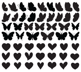 Set of black butterflies and hearts symbols, collection of silhouettes. Butterfly black color, flying shape, vector design. Abstract modern monarch butterfly contours for decoration. Soul, vital organ