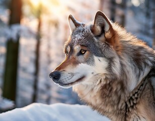 Fototapeta premium Majestic wolf observing winter wonderland at sunset