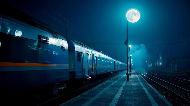 Under the soft glow of the moonlight, a sleek night train rests at an empty platform, surrounded by stillness. The serene ambiance amplifies the mystery of evening travel.