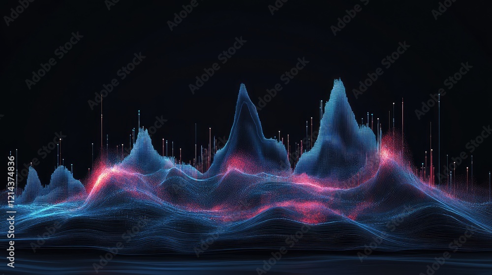 Poster abstract glowing financial line graph and data points on a futuristic gradient background.