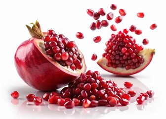 Juicy Pomegranate Seeds Falling Isolated on White Background - Culinary & Health Design