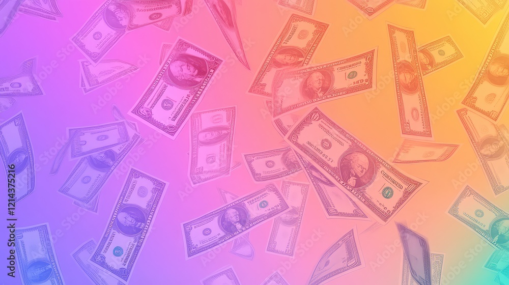 Poster abstract gradient background featuring subtle glowing financial icons and large copy space for desig