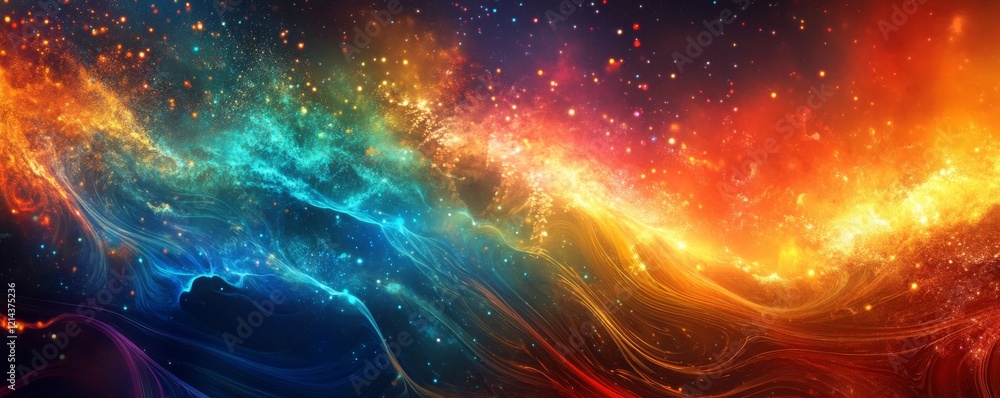 Poster colorful abstract design with smooth wave patterns in vibrant hues and glowing elements