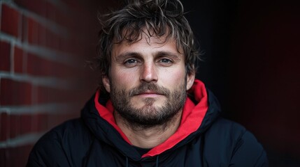 Obraz premium Man with beard, brick wall background, serious expression, portrait for website or magazine