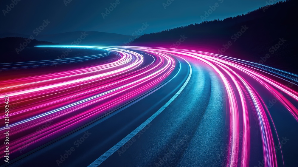 Poster abstract neon light trails on a dark background, forming intricate and dynamic patterns.