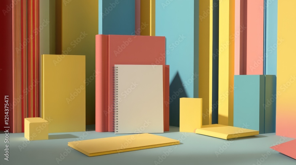 Poster abstract workspace with colorful sticky notes and a blank notebook arranged on a gradient background