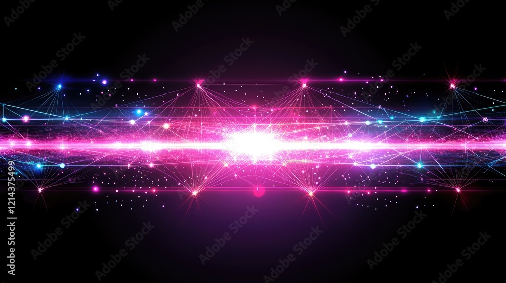 Poster abstract network concept with glowing connected lines and dots on a dark background. large central s
