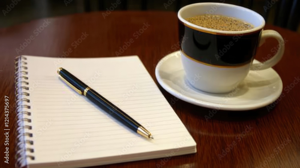 Poster a clean white table with a blank notebook and pen, representing planning and strategy development.