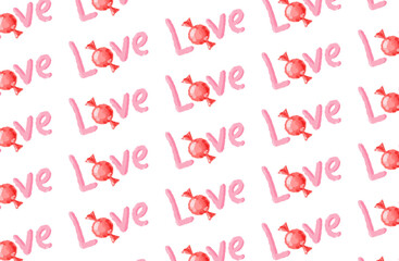 valentine day background, love of sweets, pink letters on a white background