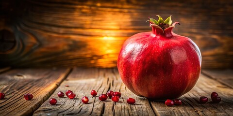 Juicy Red Pomegranate on Rustic Wooden Background - Panoramic Stock Photo