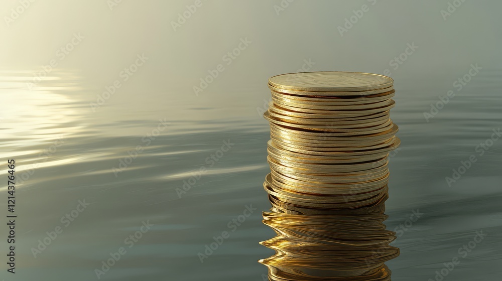 Poster a stack of coins growing taller from left to right on a reflective surface with a clean gradient bac