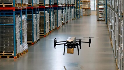 Autonomous drone navigating warehouse aisles for efficient inventory management - Powered by Adobe