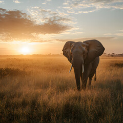 Obraz premium African Elephant at Dawn: A majestic African elephant stands tall against a breathtaking sunrise, its silhouette casting a long shadow across the golden savanna.