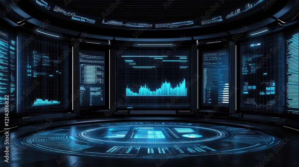 Poster business charts and financial graphs spread across a table, with plenty of surrounding empty space f