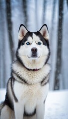 Beautiful Siberian Husky standing in a winter wonderland, surrounded by frosted trees and tranquil snow-covered scenery