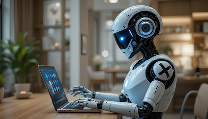 White humanoid robot using laptop in modern living room: AI and home automation