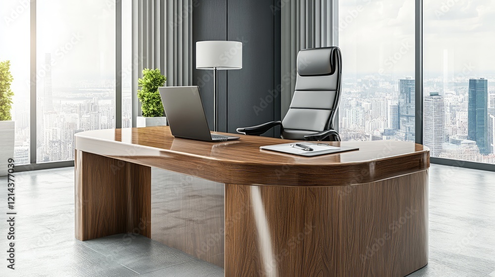 Poster clean and bright office background with a wooden desk and an open notebook, leaving space for overla
