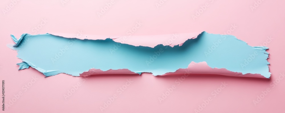 Aufkleber pink paper tearing, revealing blue underlayer, creating textured abstract background with negative s