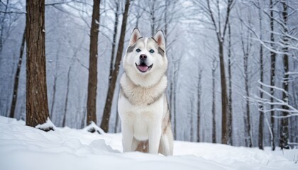 A majestic Siberian Husky in its natural snowy habitat, showcasing its iconic blue eyes and thick fur coat