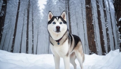 Stunning Siberian Husky with piercing blue eyes standing confidently in a snowy forest, embodying strength and elegance